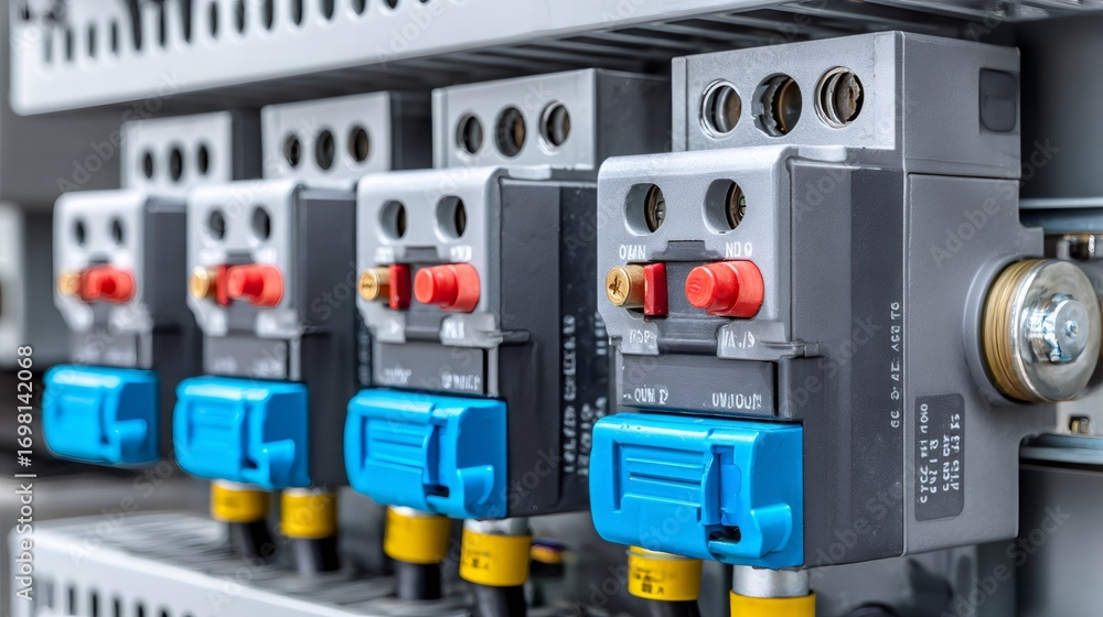 Poster electrical relays controlling industrial automation process showing red buttons and blue levers