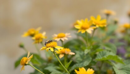 Close up of a small bee collecting nectar from bright yellow daisy like flowers in soft natural light