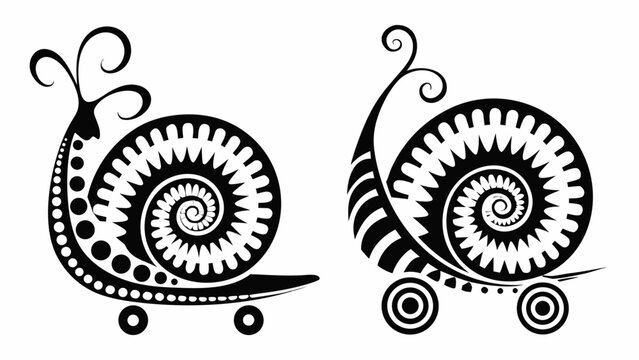 Two snails with decorative shells and antennae rolling on skateboards in a black and white illustration silhouette