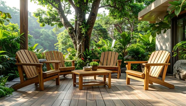 A sun-drenched outdoor patio, showcasing a set of teak Adirondack chairs and a small table, bathed in the warm light of a tropical setting.