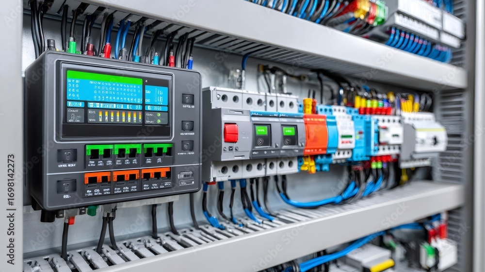Aufkleber electrical control panel showing display and circuit breakers managing power distribution