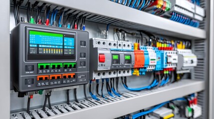 Electrical control panel showing display and circuit breakers managing power distribution