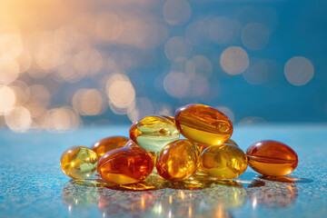 
Vitamin D pills or capsules with fish oil and omega 3 fats on a clean background back-lit by the sun