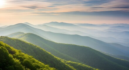 Fototapeta premium Serene mountain layers bathed in soft morning light, a breathtaking vista of nature's grandeur