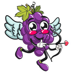 Obraz premium cute grape fruit mascot character vector illustration being cupid with angel wings and the arrow of love, work of hand drawn