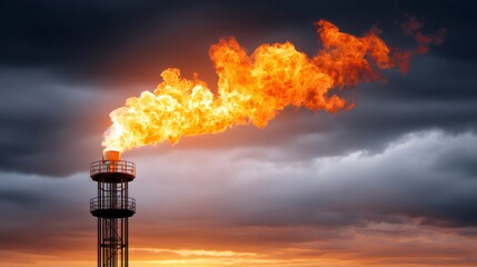 Gas flare burning on offshore platform at sunset, air pollution
