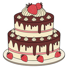 Two-Tier Chocolate Strawberry Birthday Cake with Cream and Icing Illustration