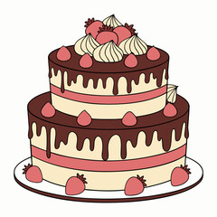 Two-Tier Chocolate Strawberry Birthday Cake with Cream and Icing Illustration