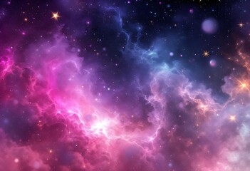 Fototapeta premium Vibrant cosmic nebula with swirling pink and purple clouds illuminated by distant stars and galaxies