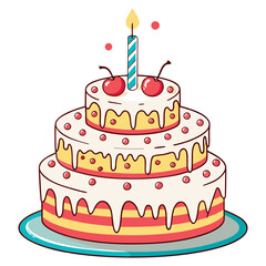 Two Tier Birthday Cake with Candle and Cherries Illustration