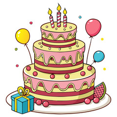 Three-Tier Birthday Cake Illustration with Candles, Balloons, and Gift Box