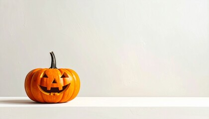 Classic carved pumpkin with triangular eyes and toothy smile on white background