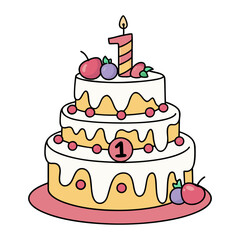 First Birthday Cake Illustration with Candle, Fruits, and Decorations