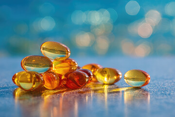 
Vitamin D pills or capsules with fish oil and omega 3 fats on a clean background back-lit by the sun