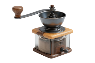 Antique-style coffee grinder with wooden handle and clear container