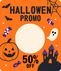 Halloween Promo Circular Frame Design with Pumpkin, Candy, Ghost, and Haunted Castle – Discount 50% Off Vector Template