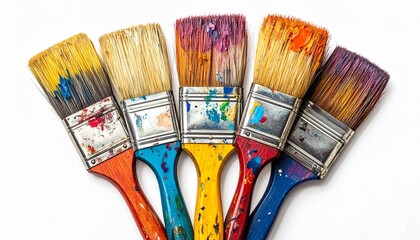 Five colorful paintbrushes with stained bristles and handles arranged side by side on a white background