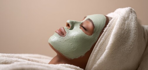 The woman with a green facial mask relaxing during a spa treatment with towel