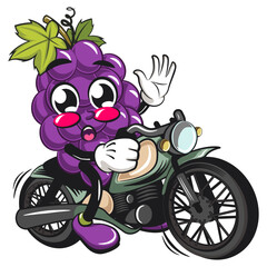 Fototapeta premium cute grape fruit mascot character vector illustration riding a big motorcycle, work of hand drawn