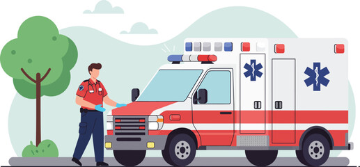 paramedic standing by ambulance with trees clouds on transparent background silhouette © nhpvect02