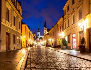 Fototapeta premium A cobblestone street bathed in warm light, lined with historical buildings at twilight, showcases a charming European city at night.
