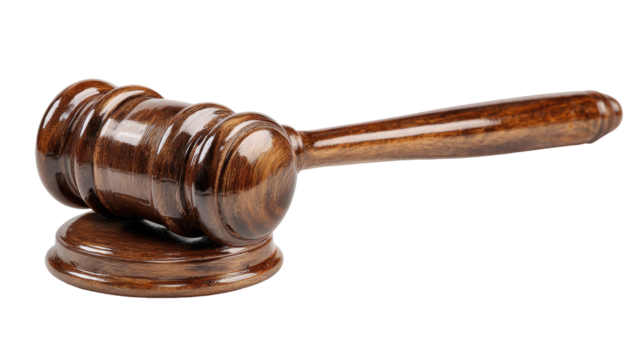 Wooden gavel, polished, on black background.  Detailed view of a dark brown wooden gavel, with a rounded head and long handle, positioned diagonally on a plain black backdrop.