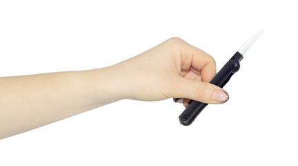 multitool for cleaning headphones in hand, outstretched hand with multitool for cleaning headphones isolated on background