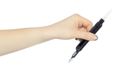 multitool for cleaning headphones in hand, outstretched hand with multitool for cleaning headphones isolated on background