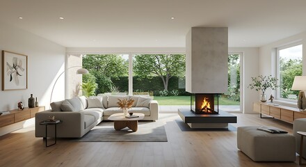 Fototapeta premium Modern Living Room with Fireplace and Garden View, Natural Light, Cozy Ambiance