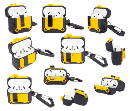 set of protective case with carabiner for wireless headphones, isolated from the background	