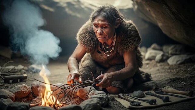 Neanderthal woman nurturing small fire in rock shelter while adding dry branches for warmth and light