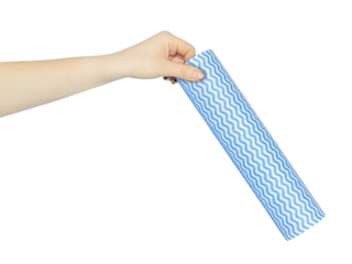 roll of disposable kitchen towels in hand, outstretched hand with roll of disposable kitchen towels isolated on background