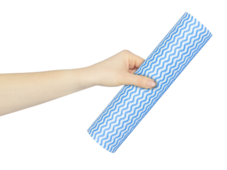 roll of disposable kitchen towels in hand, outstretched hand with roll of disposable kitchen towels isolated on background