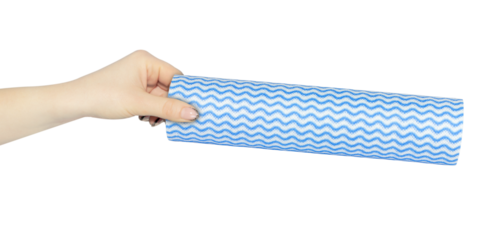 roll of disposable kitchen towels in hand, outstretched hand with roll of disposable kitchen towels isolated on background
