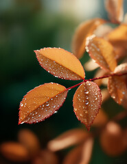 Macro shot of dew-covered autumn leaves with vivid fall colors