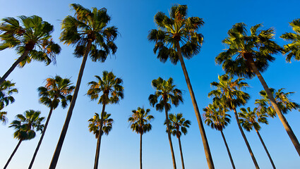  Tall Palm Trees Rising into a Clear Blue Sky