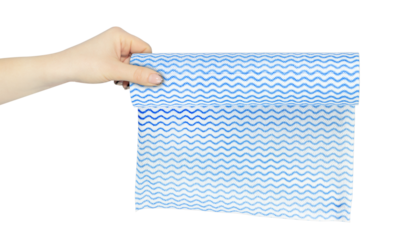 roll of disposable kitchen towels in hand, outstretched hand with roll of disposable kitchen towels isolated on background