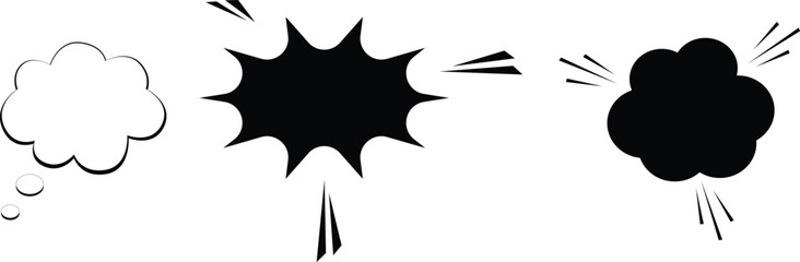 Set of comic speech and thought bubble icons including cloud bubble, explosion burst, and cartoon dialogue shapes in vector design for comics, pop art, web, and graphic design projects