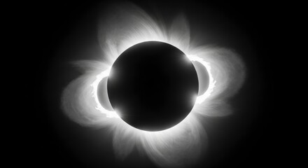 Stunning black and white total solar eclipse with a radiant, ethereal corona against the dark cosmos, showcasing the dramatic beauty of a celestial event.
