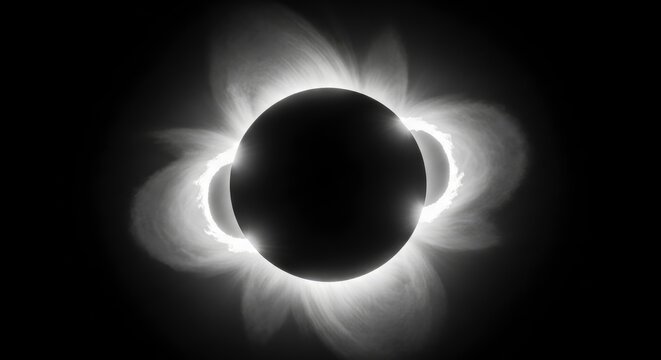 Stunning black and white total solar eclipse with a radiant, ethereal corona against the dark cosmos, showcasing the dramatic beauty of a celestial event.