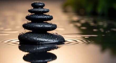 Obraz premium Zen stones stack with water reflection wellness concept