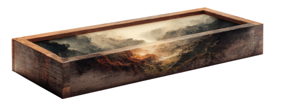 Wooden box, containing a landscape painting