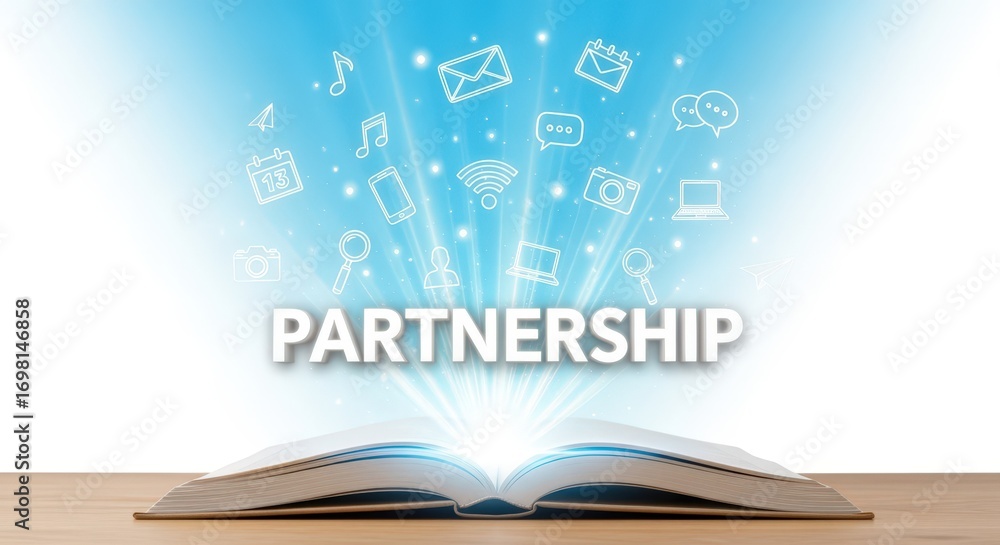 Poster glowing partnership text emerging from open book
