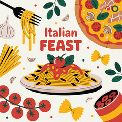 Vibrant Italian Feast Illustration with Pasta Pizza and Ingredients Keywords: italian food