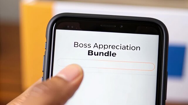 Boss day ecommerce bundle appreciation gift idea with hand holding smartphone, finger tapping screen, joyful workplace celebration shopping