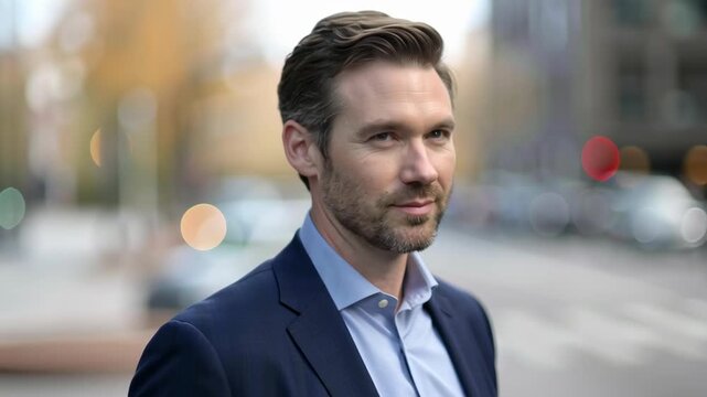 Boss day celebration and leadership appreciation with ecommerce professional businessman blue suit outdoors, autumn city background, confident