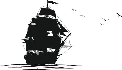 a pirate ship sailing with birds flying silhouette on transparent background