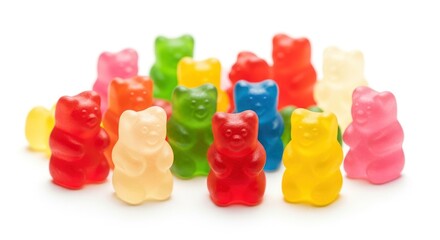A vibrant assortment of colorful gummy bears, including red, yellow, green, blue, and pink, arranged on a clean white background, highlighting their sweet and chewy texture.