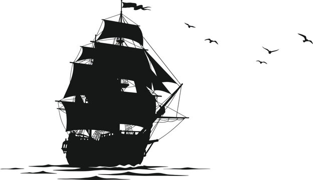 a pirate ship sailing with birds flying silhouette on transparent background - Powered by Adobe