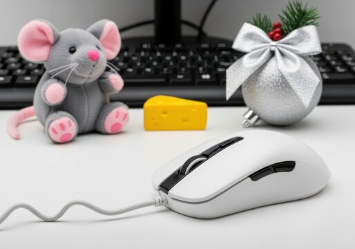 Modern office desk with computer mouse and festive decorations.